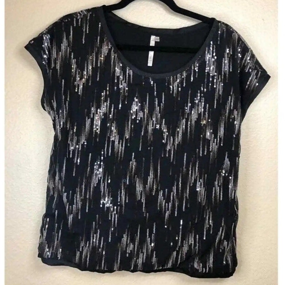 Mono B Womens Blouse Black Abstract Short Sleeve Scoop Neck‎ Lined Sequin Top S